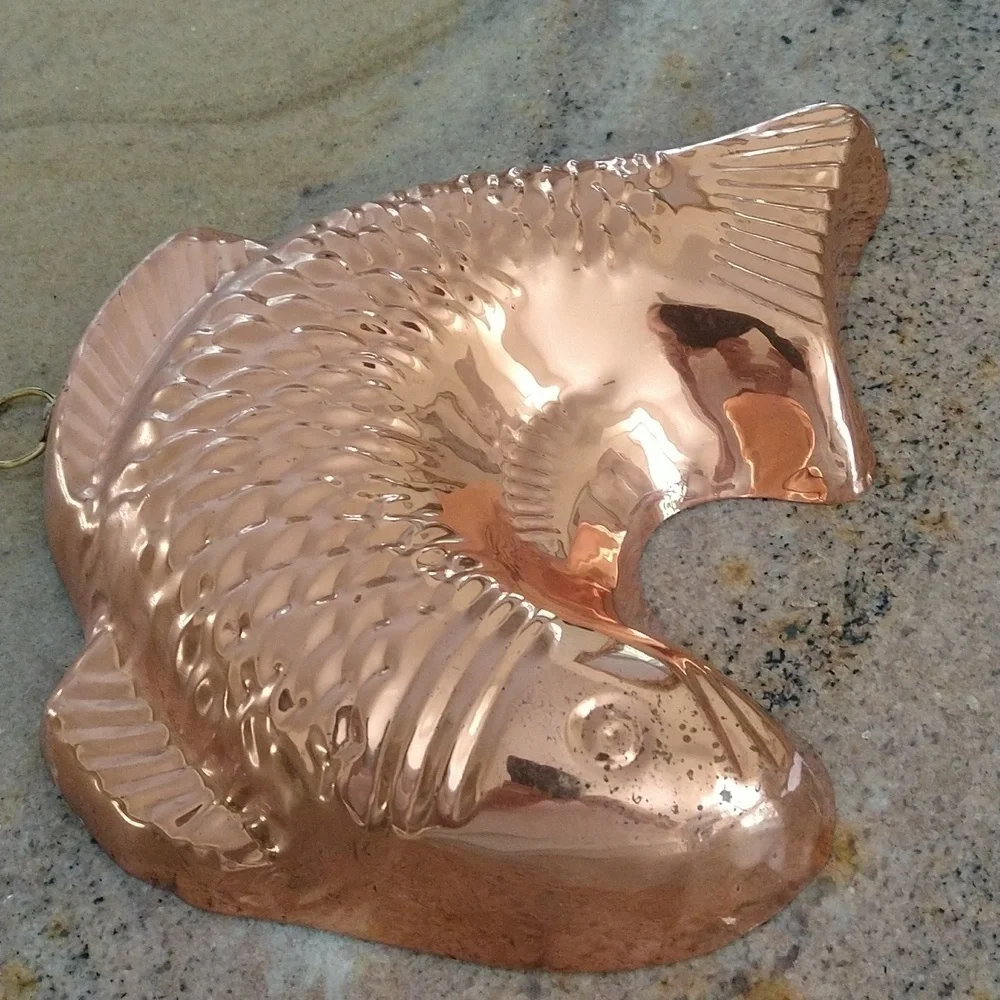 Copper gelatin jello fish mould vintage 8x9